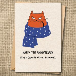 Funny 7th anniversary card with cat wearing a wool scarf