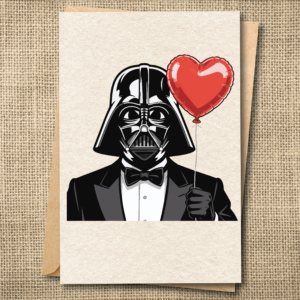Darth Vader holding a red heart balloon on a funny Star Wars love card