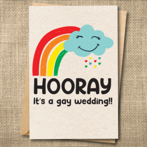 Funny gay wedding card with rainbow and smiling cloud saying Hooray It's a gay wedding
