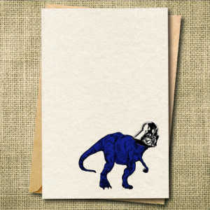 Blue T-Rex wearing a Darth Vader helmet on a funny pop culture greeting card