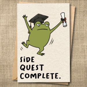 Funny graduation card with Ferg frog in graduation cap saying Side Quest Complete
