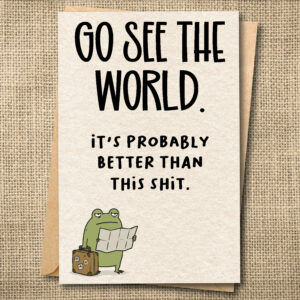 Go See the World funny travel greeting card with paper planes and travel illustrations