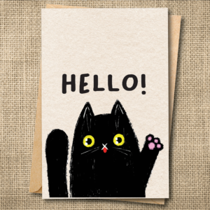 Cute black cat waving with yellow eyes on a greeting card that says Hello!