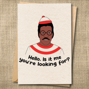 Funny Waldo birthday card featuring a man in a Santa hat with the message Hello, is it me you’re looking for?