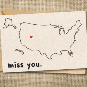 Personalized US map miss you card with hearts marking two states