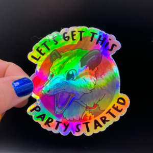 Funny holographic possum vinyl sticker artwork
