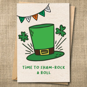 Time to Sham-Rock and Roll funny St. Patrick's Day greeting card with green leprechaun hat
