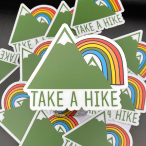 Take a Hike mountain and rainbow holographic vinyl sticker artwork
