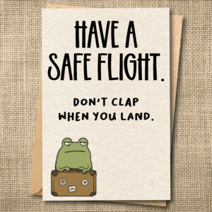 Have a Safe Flight funny aviation greeting card with Ferg and suitcase