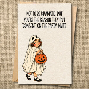 Funny Halloween card with vintage ghost costume girl and a consent joke
