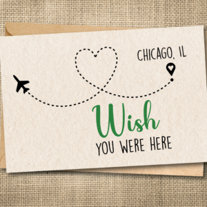 Personalized miss you card showing Chicago, IL with paper airplane and heart